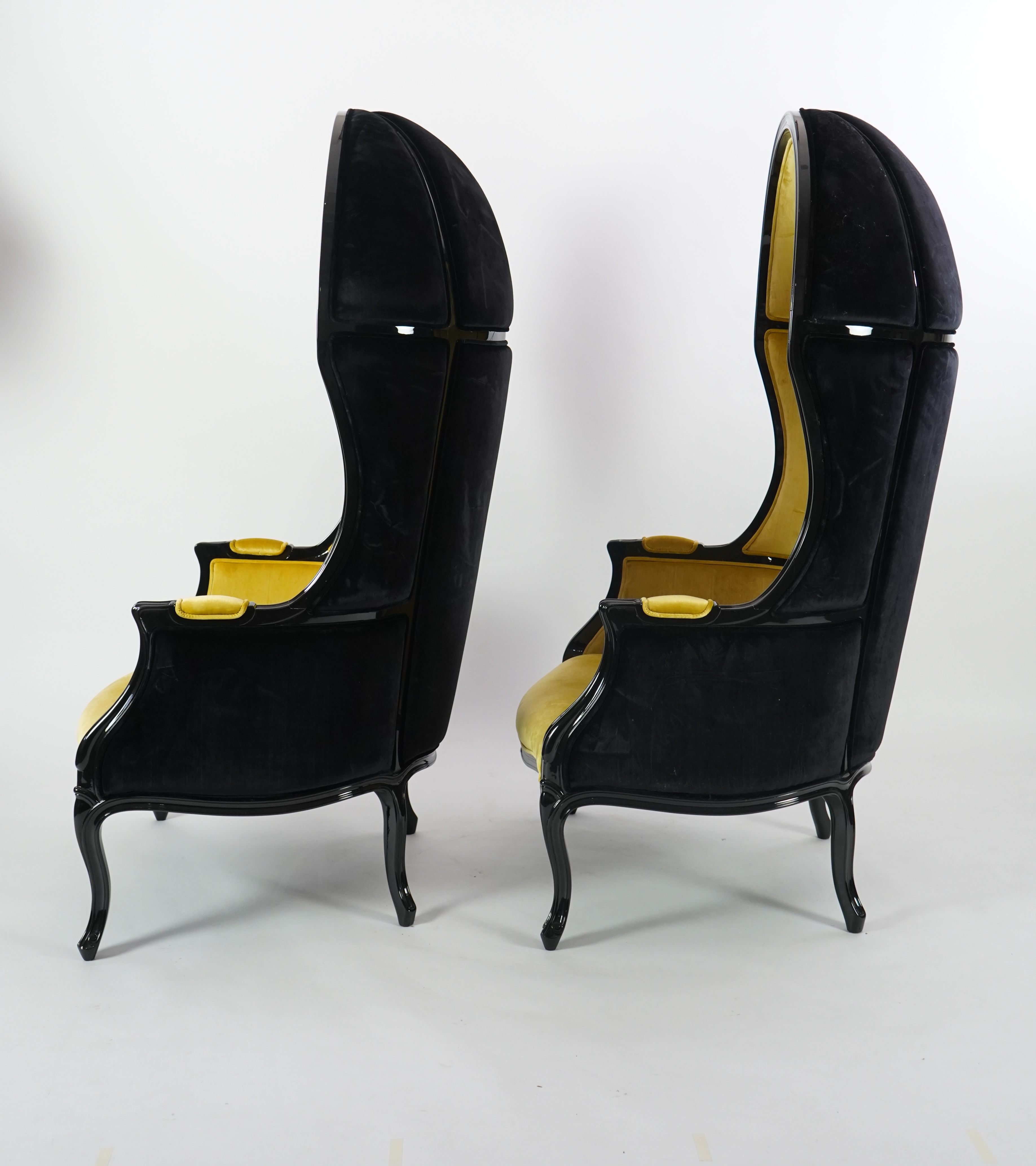 A pair of Namib ebonised and sand coloured satin cotton fabric lounger armchairs, by Brabbu, width 77cm, depth 75cm, height 160cm. Condition - good